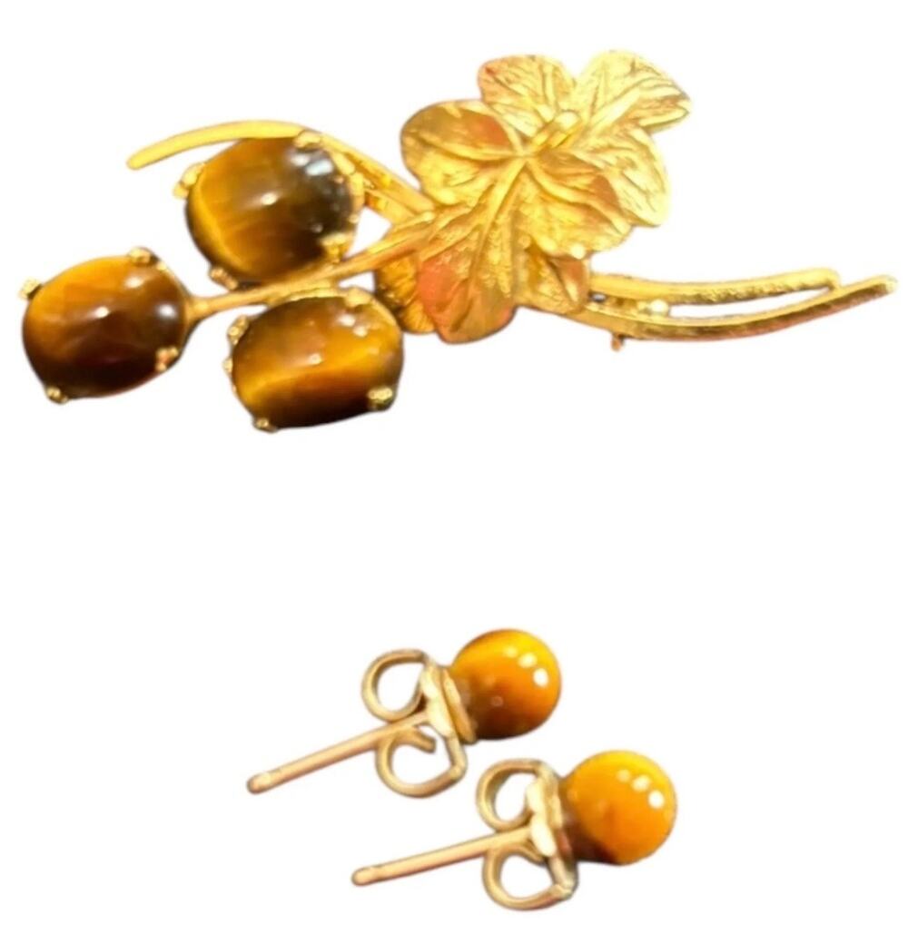 Vintage Wells 14K Gold Filled Tiger’s Eye Leaf Brooch & Stud Earrings Set